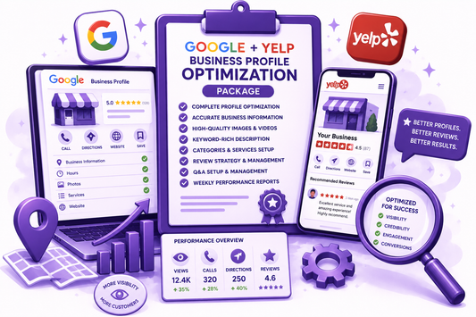 Graphic showing a comprehensive Google and Yelp profile optimization checklist for local Texas businesses, featuring desktop and mobile directory listings, a magnifying glass highlighting visibility, and customer growth metrics driven by strategic local SEO and GEO