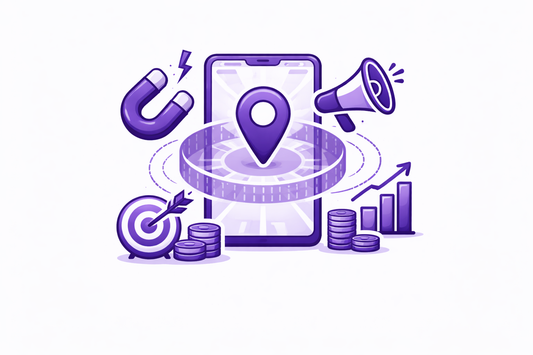 Purple illustration of a smartphone displaying a map with a specific location pin for geofencing marketing.