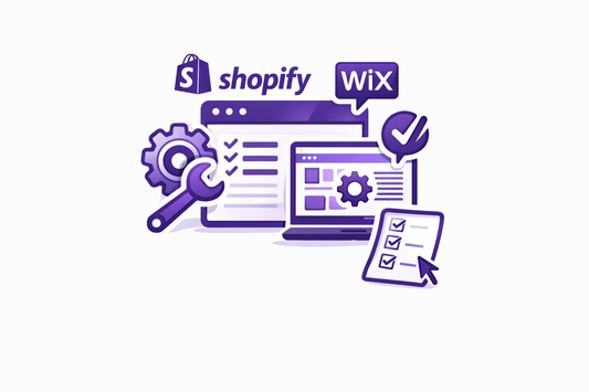 Purple graphic for Shopify and Wix online store management services